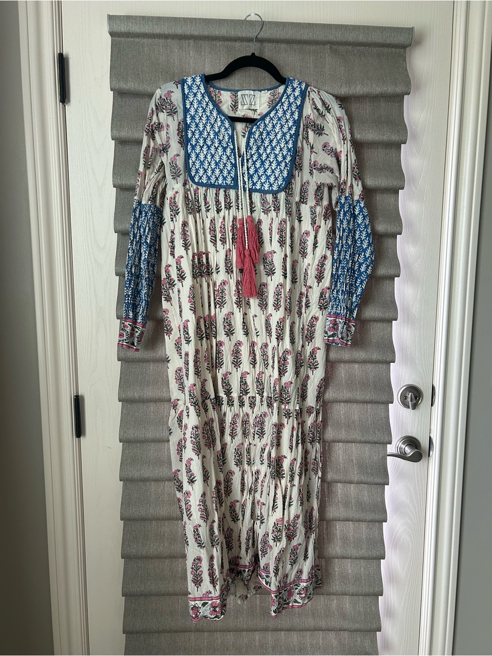 Tuckernuck Ivory Maxi Dress with Pink Floral Print and Blue Yoke